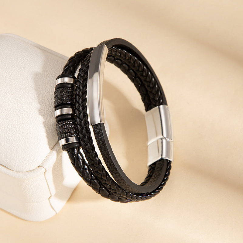 Wholesale Woven PU Leather Men S Fashion Bracelet Three Layer Design With Engravable Alloy Magnetic Clasp Everyday Accessory