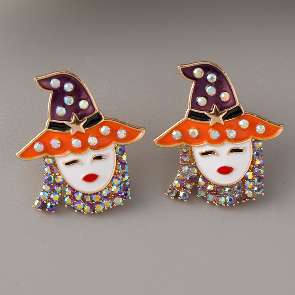 Wholesale Halloween Hat Witch Alloy Oil Drop Diamond Earrings ACC-ES-Jicai001