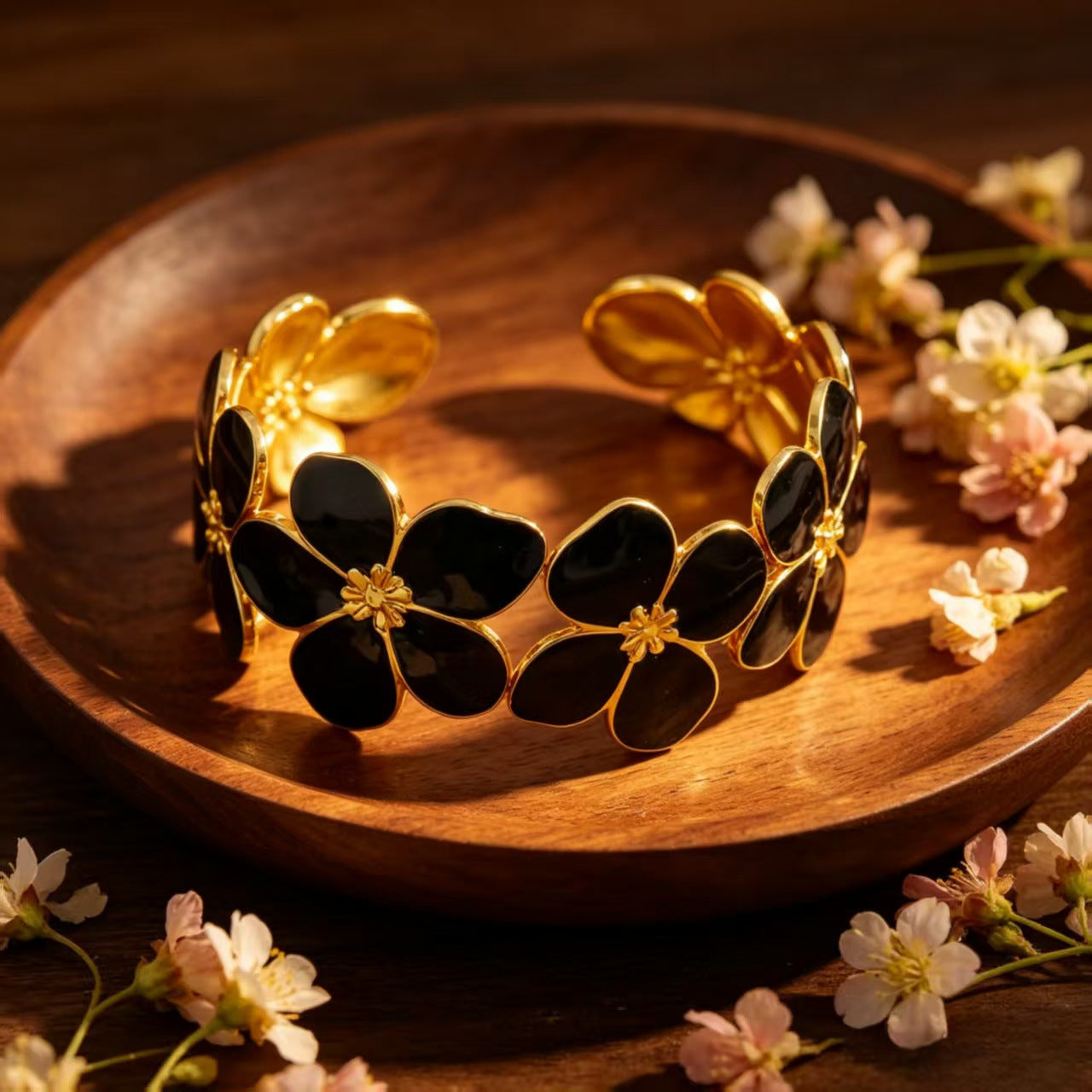 Wholesale French Style Camellia Drip Glaze Five-color Vibrant Textured Open Bangle