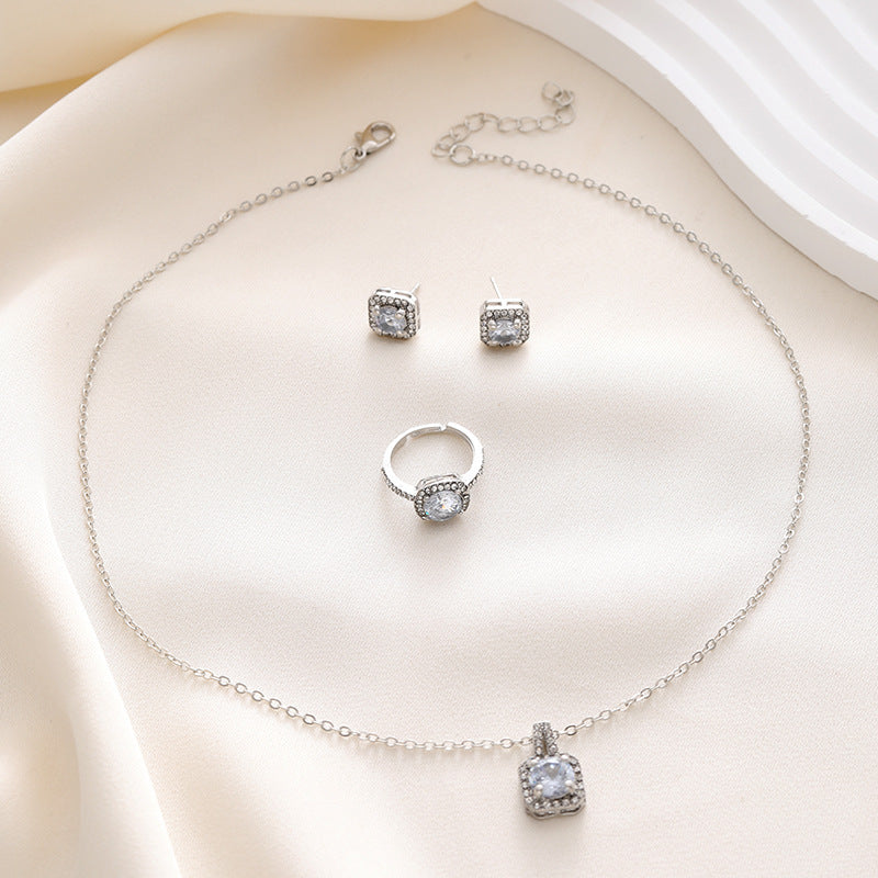 Wholesale Square Diamond Zircon Necklace Earrings Ring Three-piece Sets ACC-NE-ChaoKai013