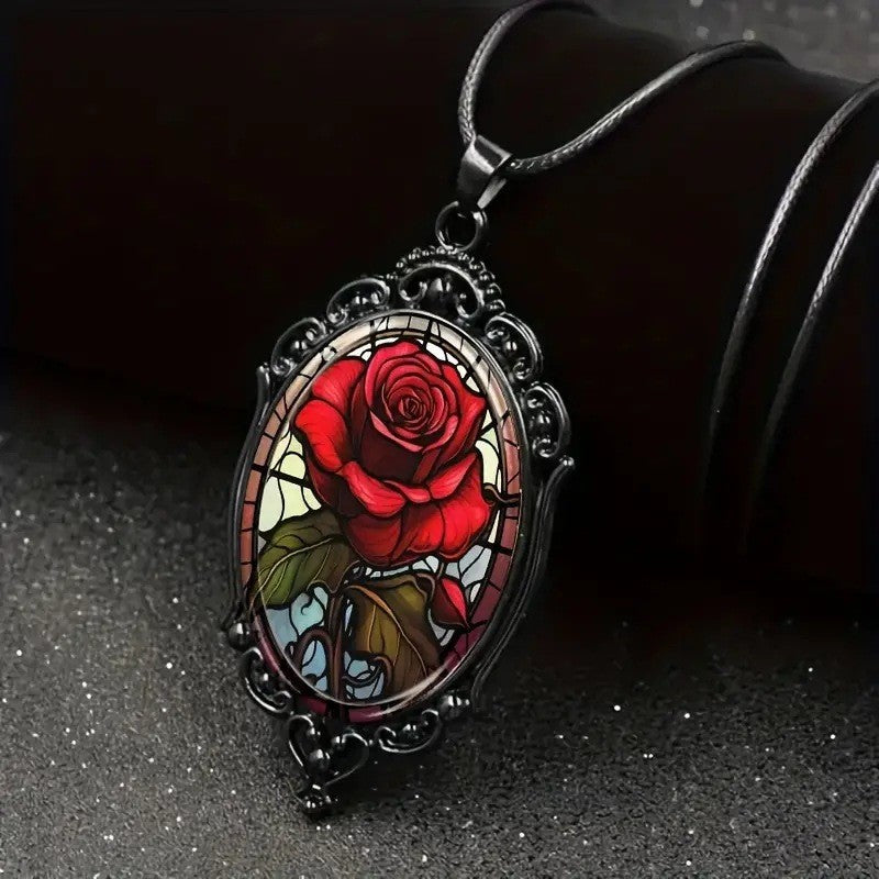 Wholesale Vintage Oval Glass Pendant Necklace with Red in Black Frame - Jewelry Accessory for Resale