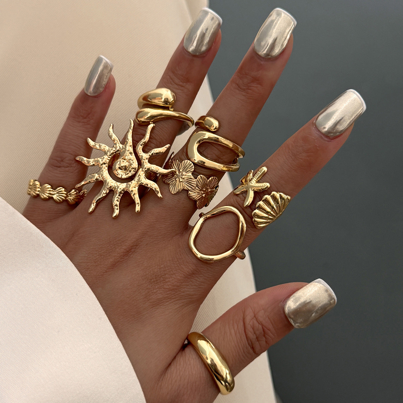 Wholesale Alloy Metal Flower Open Ring Set - Trendy Stackable Ocean Style Rings for Women Everyday Wear Gift