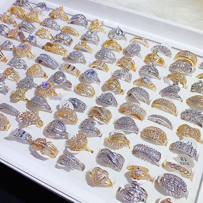 Wholesale Random Color 10pcs Micro-inlaid Zircon Ring Gold Plated Rings ACC-RS-Pabo002