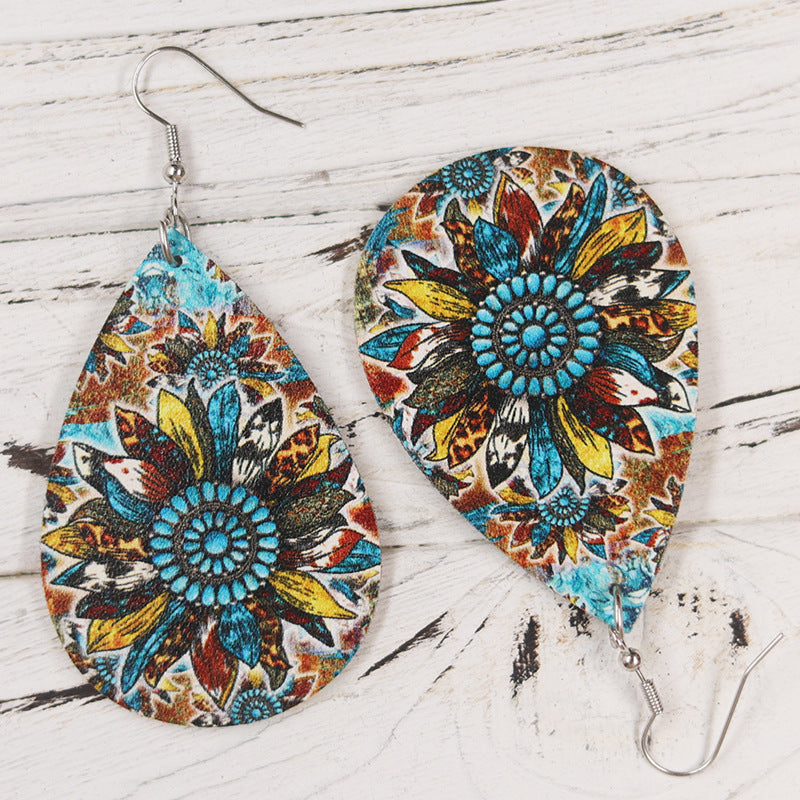 Wholesale Bohemian Style Old Vintage Sunflower  Teardrop Shape PU Leather Earrings