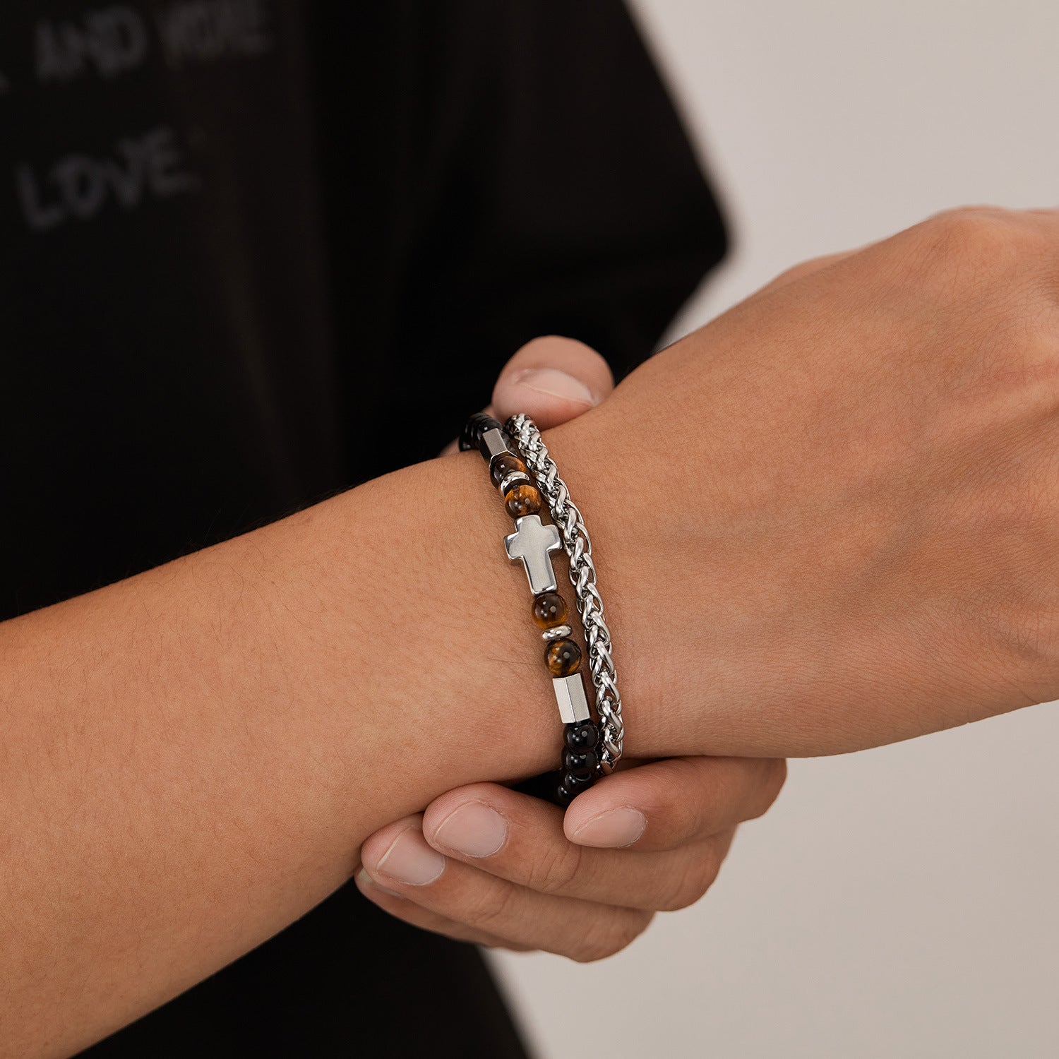 Wholesale Stainless Steel Bracelet Personalized Hip Hop Trendy Cross Double Layer Stacked Tiger Eye Bracelet