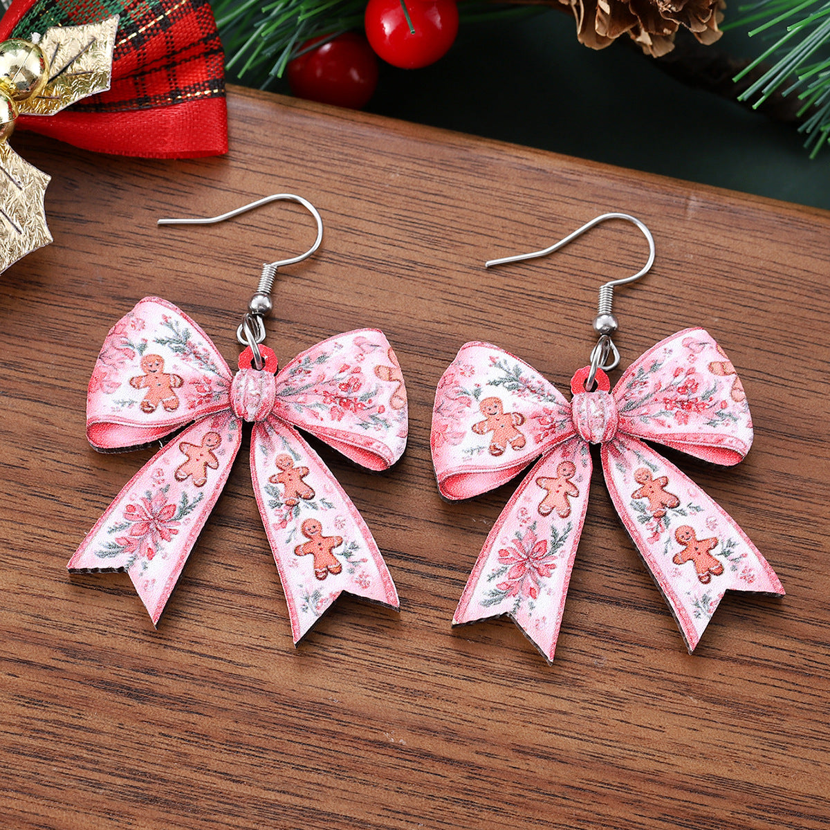 Wholesale Christmas gingerbread man flower Christmas tree bow pendant earrings