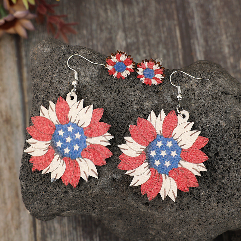 Wholesale Independence Day Red White Blue Flag Color Love Stars Big Flowers Wooden Earrings