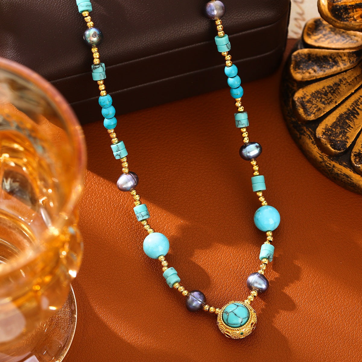 Wholesale Copper Electroplated Turquoise Rose Pearl Beaded Necklace and Bracelet Set,  Ethnic Style Fashion Accessory for Women