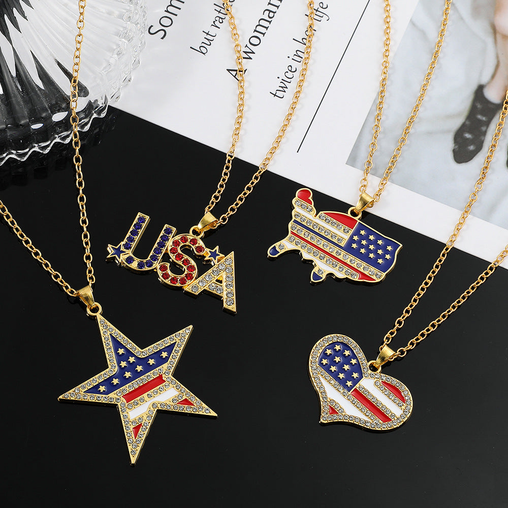 Wholesale American Independence Day Flag Five Pointed Star Diamond Alloy Necklace ACC-NE-MingXin001