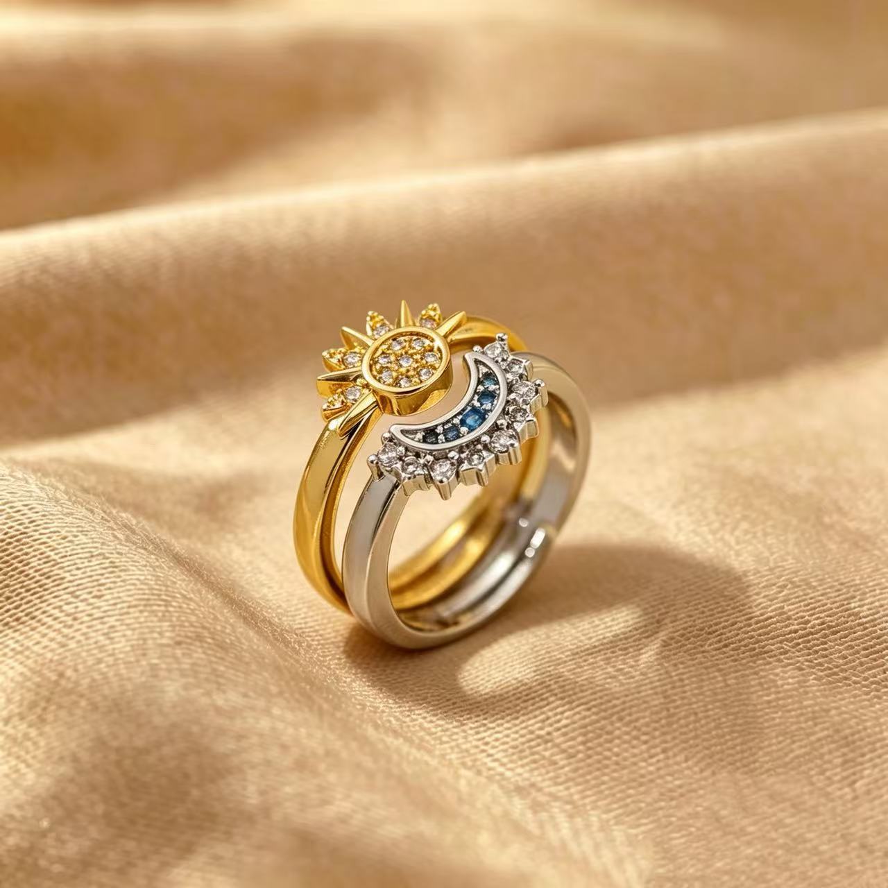 Wholesale Sun and Moon Couple Ring,  Light Luxury Style,  Copper Zircon,  Adjustable Open Ring,  Boutique Resale