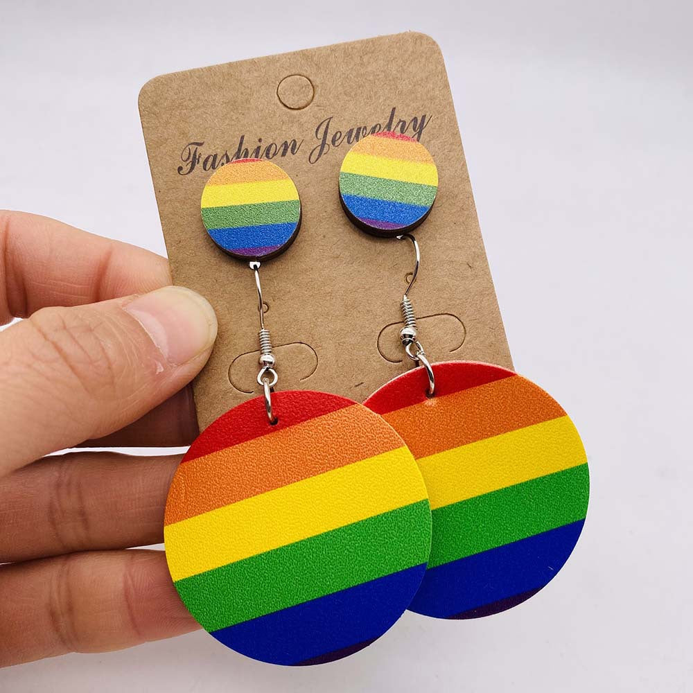 Wholesale wooden stud earrings suit heart-shaped rainbow printed leather earrings