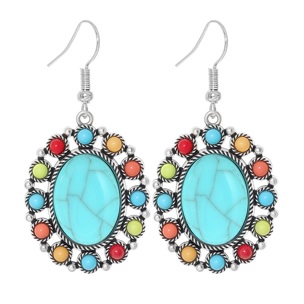 Wholesale Turquoise Geometric Tassel Earrings Antique Silver Retro Fashion Accessory for Everyday Wear or Gift