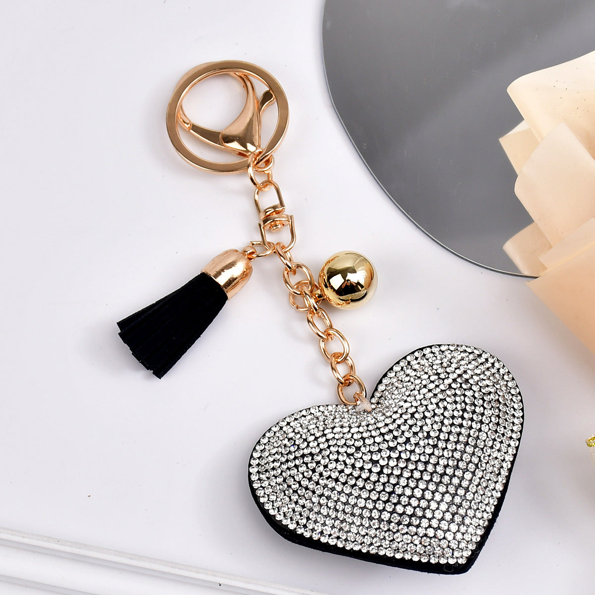 Wholesale  Peach Heart Rhinestone Leather Keychain
