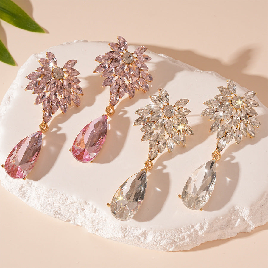 Wholesale Light Luxury Diamond Water Drop Flower Silver Pin Earrings