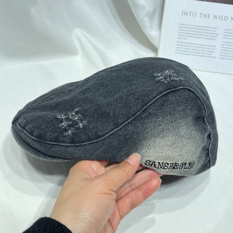Wholesale  Vintage Washed Old Denim Hole Forward Cap Berets
