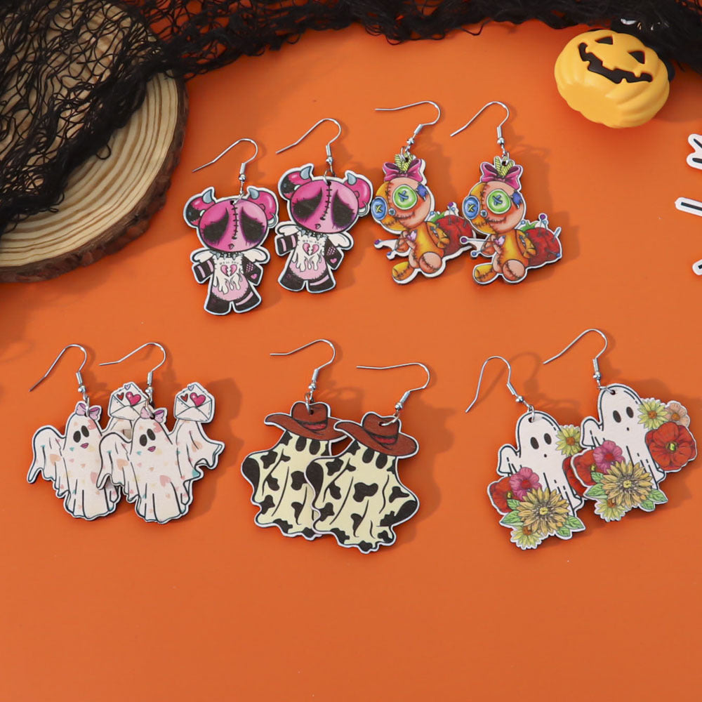 Wholesale 5pcs Wooden Ghost Cartoon Earrings