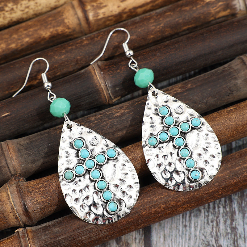 Wholesale Bohemian Drop-Shaped Hammered Earrings with Synthetic Turquoise Cross,  Zinc Alloy Electroplated - Trendy Jewelry Accessory