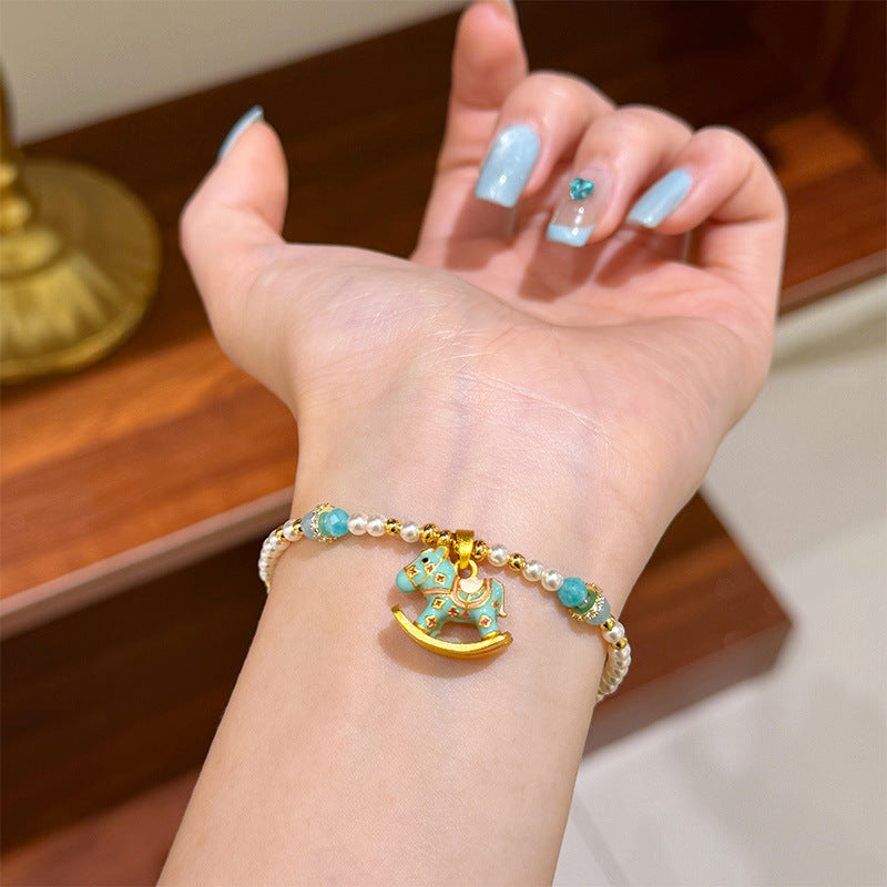 Wholesale Summer Cute Color Dopamine Oil Enamel Trojan Horse Pearl Necklace