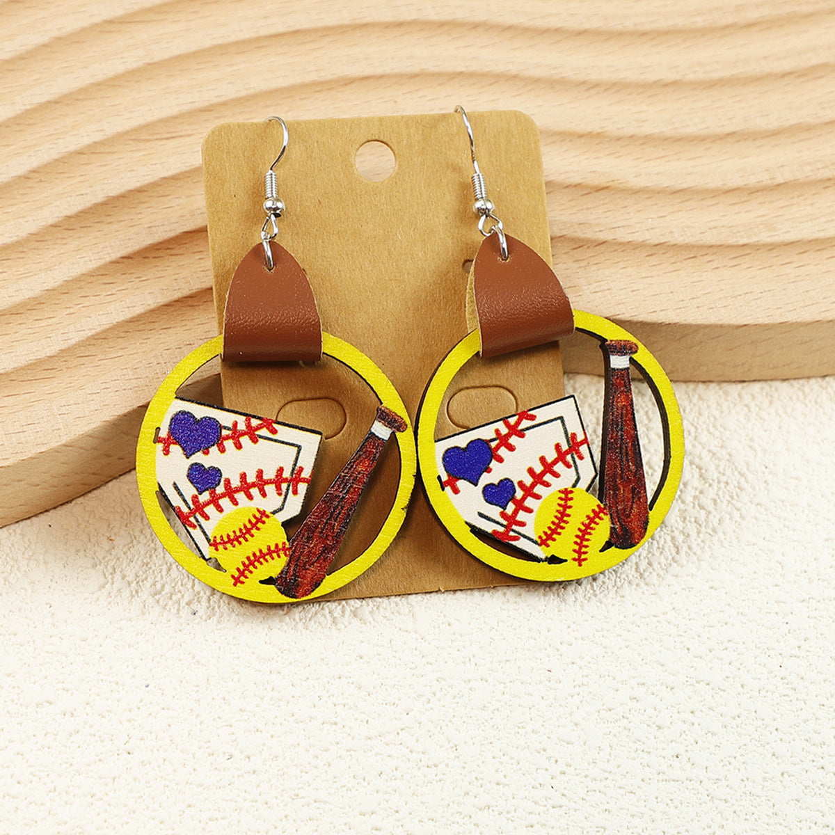 Wholesale Sports Sunflower Flower Baseball Bow Leather Wooden  Earrings