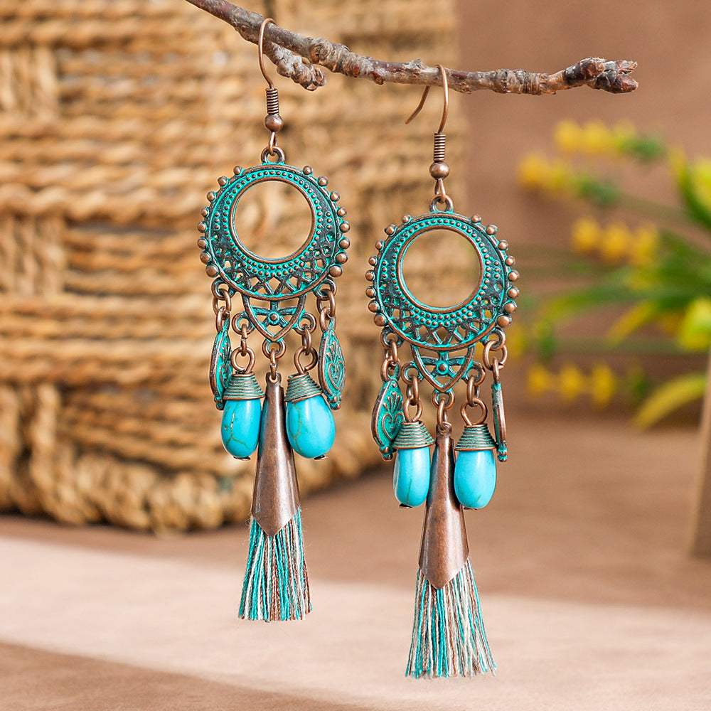 Wholesale  retro handmade tassel ear jewelry rhombus alloy simple fashion turquoise earrings