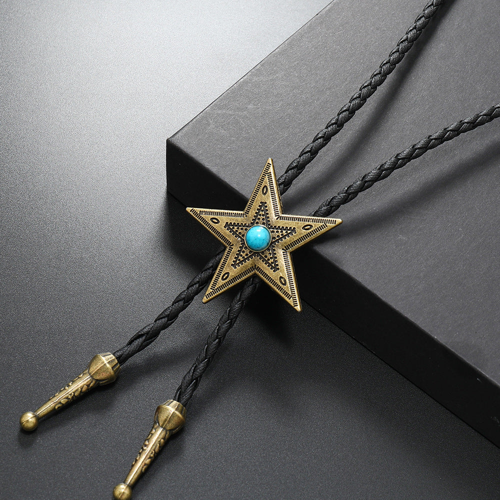 Wholesale 3PCS Alloy Retro Five-Pointed Star Turquoise Drawstring Sweater Chain