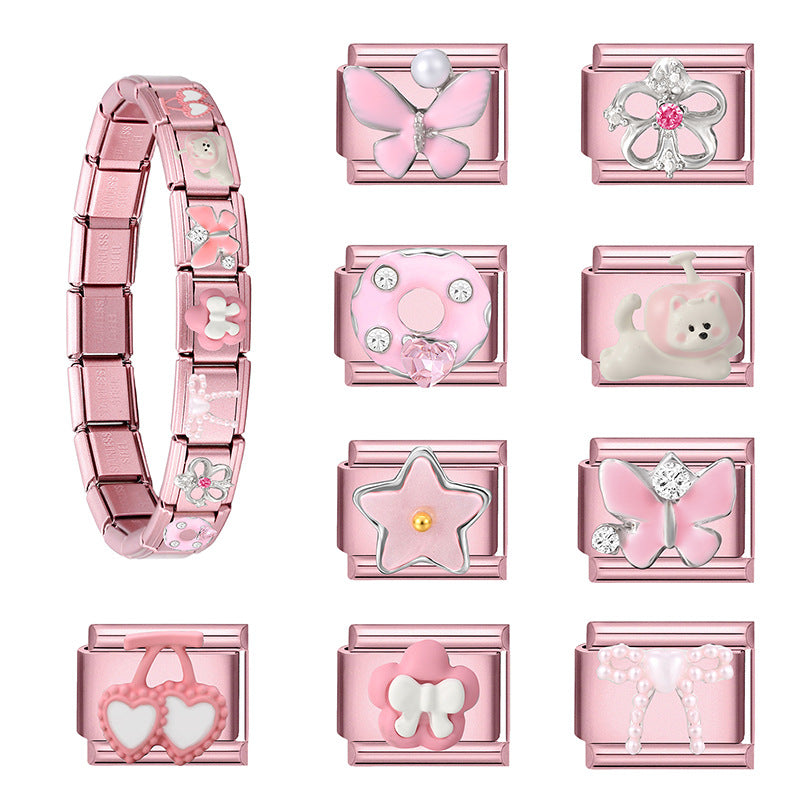 Wholesale 9mm Italian Charm Starter Bracelets pink series  DIY  Single Section Creative Stainless Steel Composable Bracelet