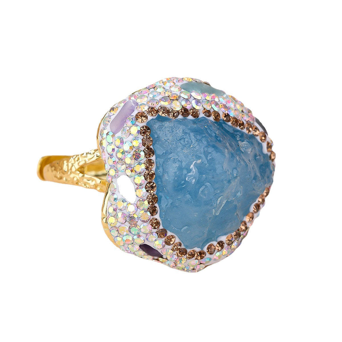 Wholesale Direct Selling Fashion Natural Amethyst Bud Aquamarine Stone Irregular Diamond Opening Adjustable Women' s Ring