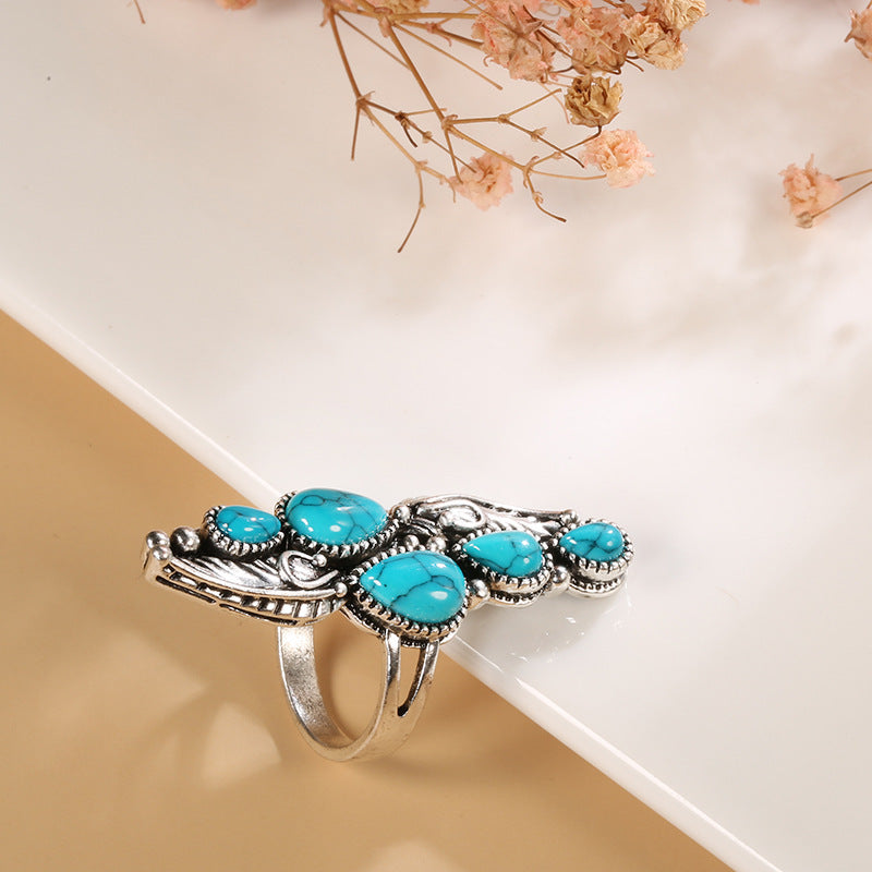 Wholesale Vintage Turquoise Feather Ring Unisex Antique Silver Zinc Alloy Fashion Accessory For Gift And Boutique Resale