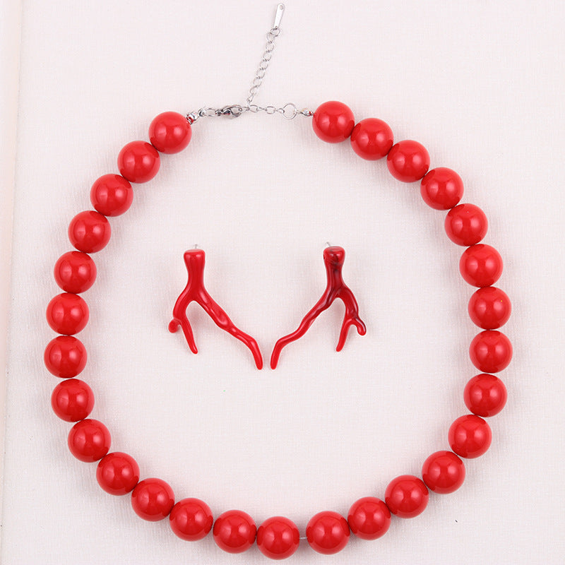 Wholesale  Tree Branch Acrylic Earrings Red Series Ball Bead Necklace Set