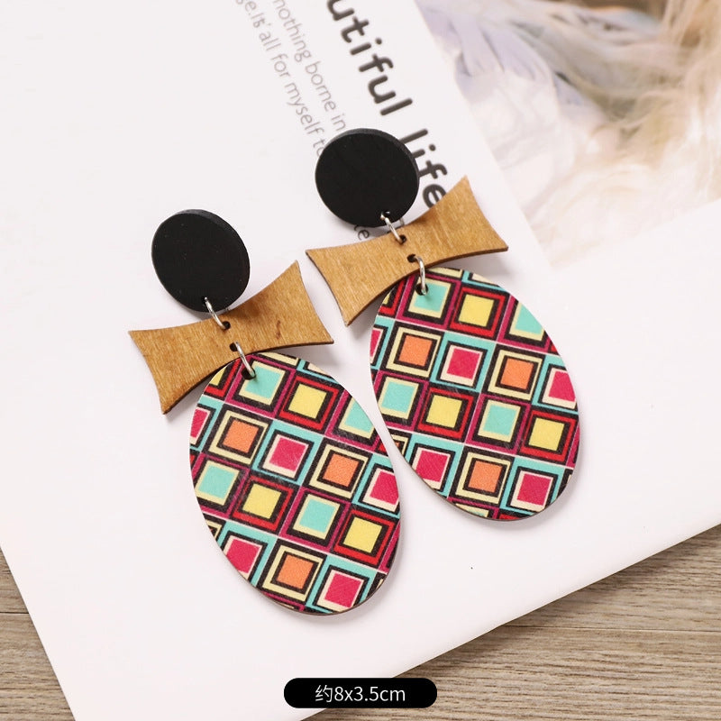 Wholesale Bohemian Wooden Ear Studs Geometric Stripe Ethnic Print Fashion Jewelry Accessory Boutique Gift