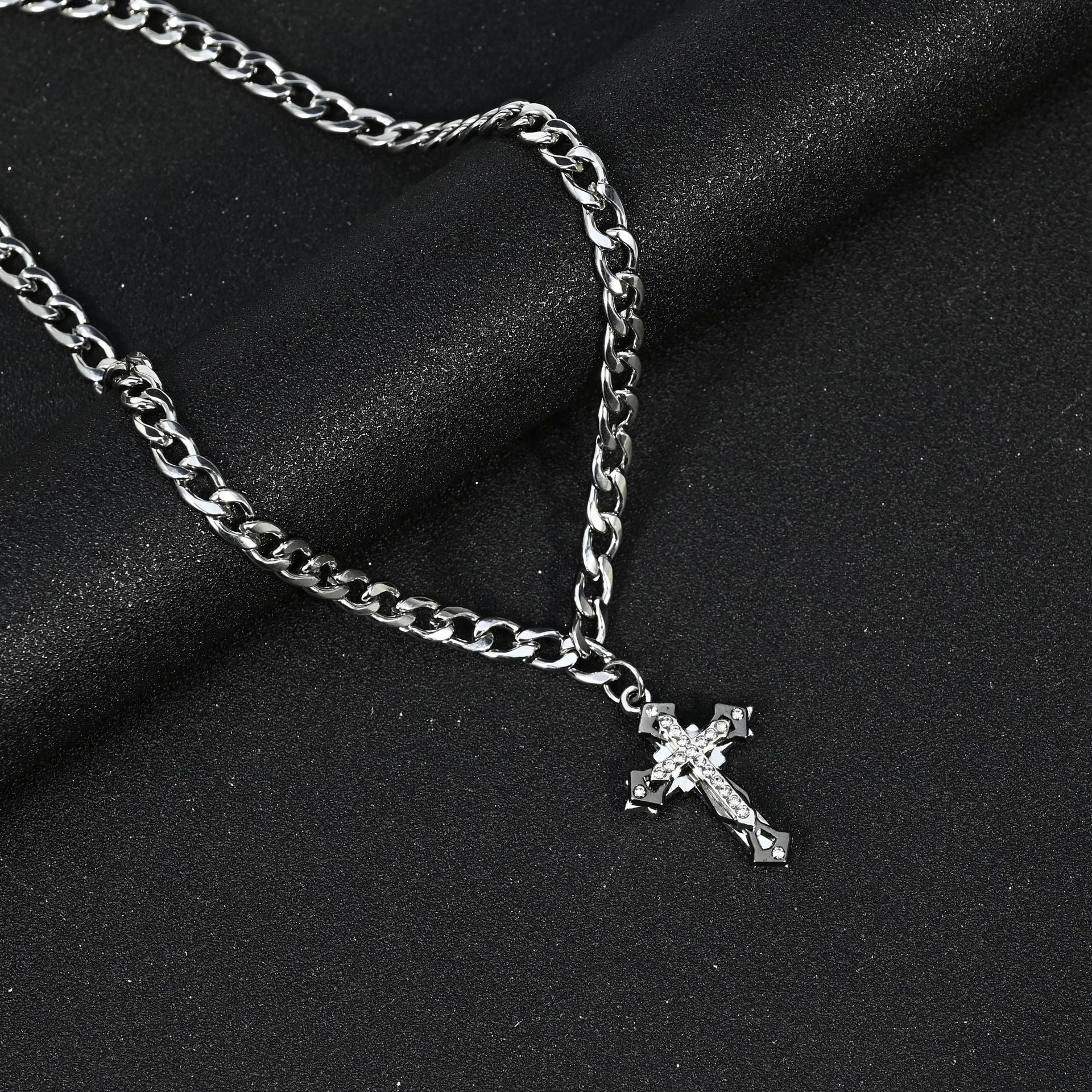Wholesale Stainless Steel Cuban Chain Necklace Three Layer Rhinestone Cross Pendant Chic Hip Hop Fashion Accessory For Gift