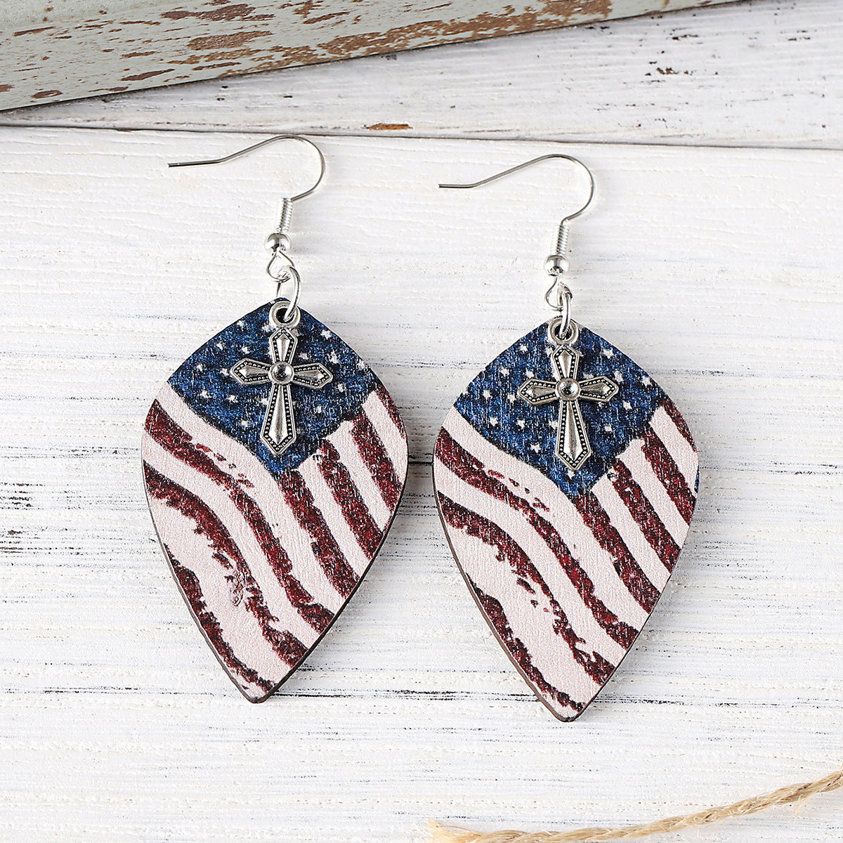 Wholesale Independence Day Dressed Red White Blue American Flag Cross Pendant Earrings