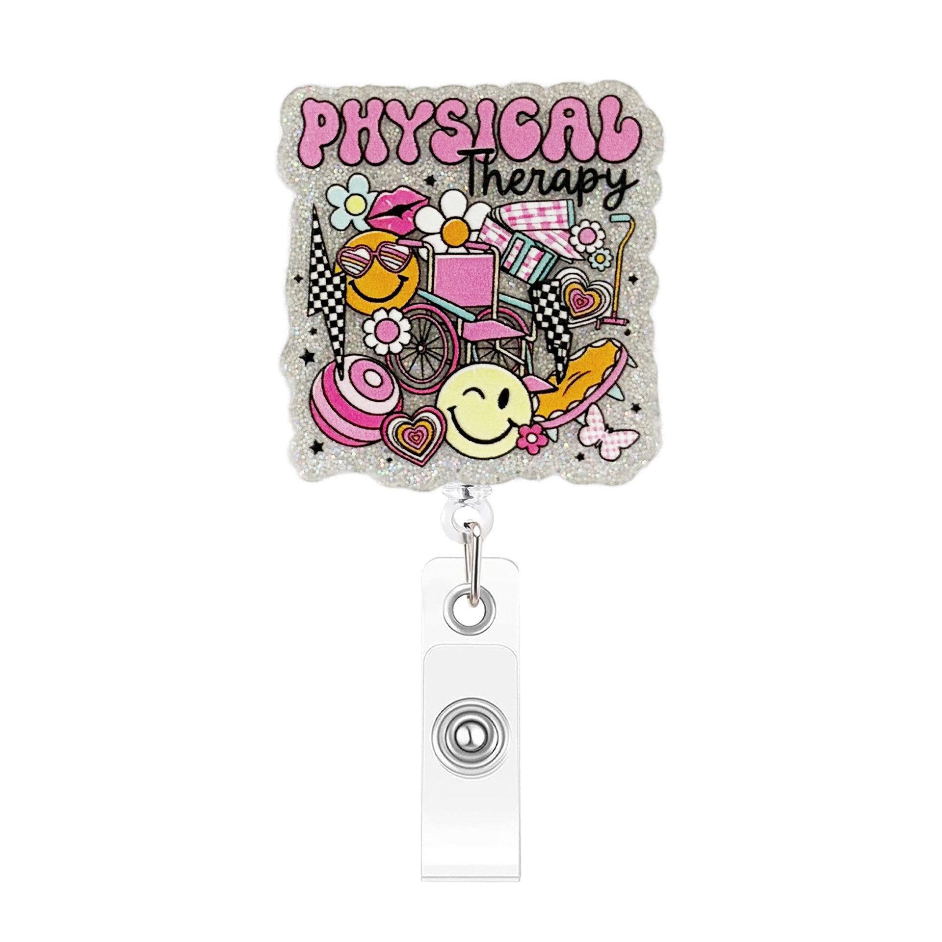 Wholesale Glitter Acrylic Retractable ID Card Holder Heart Design for Girls Fashion Accessory