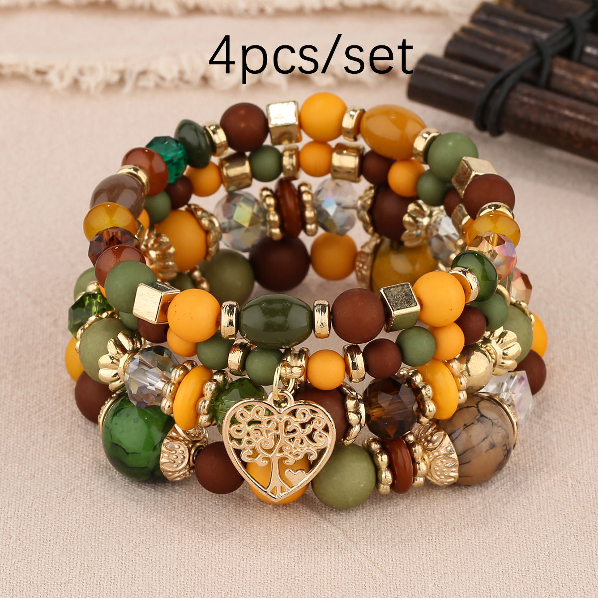 Wholesale Coffee Glass Bead Bohemian Bracelet Set Heart Pendant Tassel Jewelry