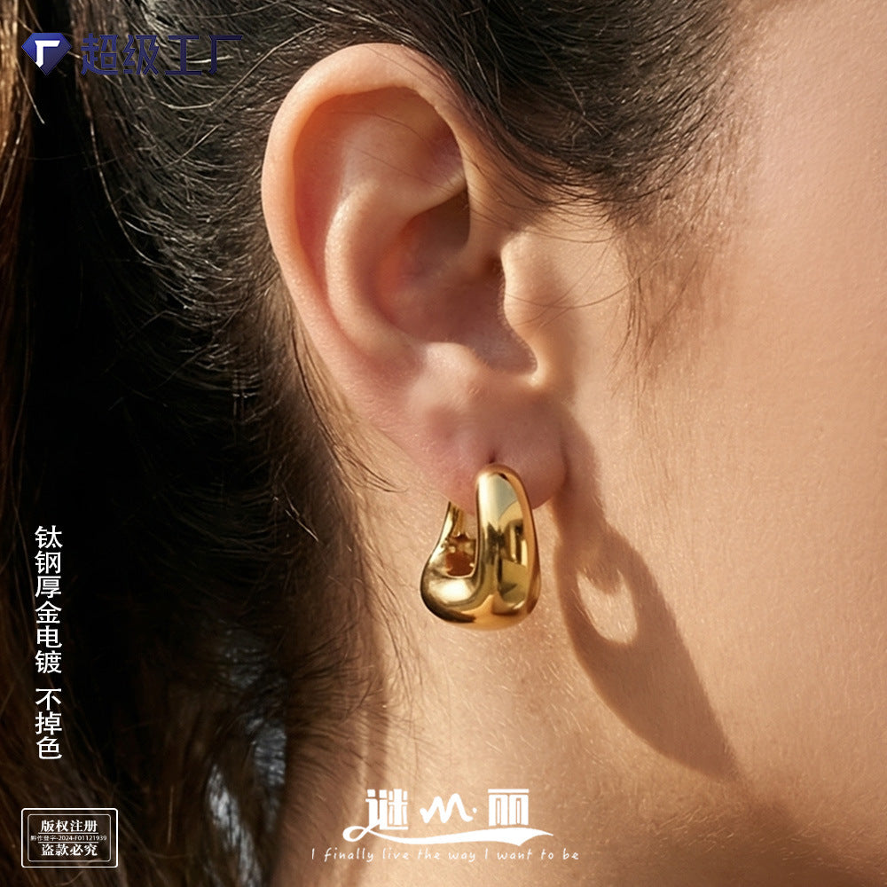 Wholesale Trendy Ins Style Oval U Shaped Earrings 18K Gold Plated Stainless Steel Boutique Resale Fashion Accessory