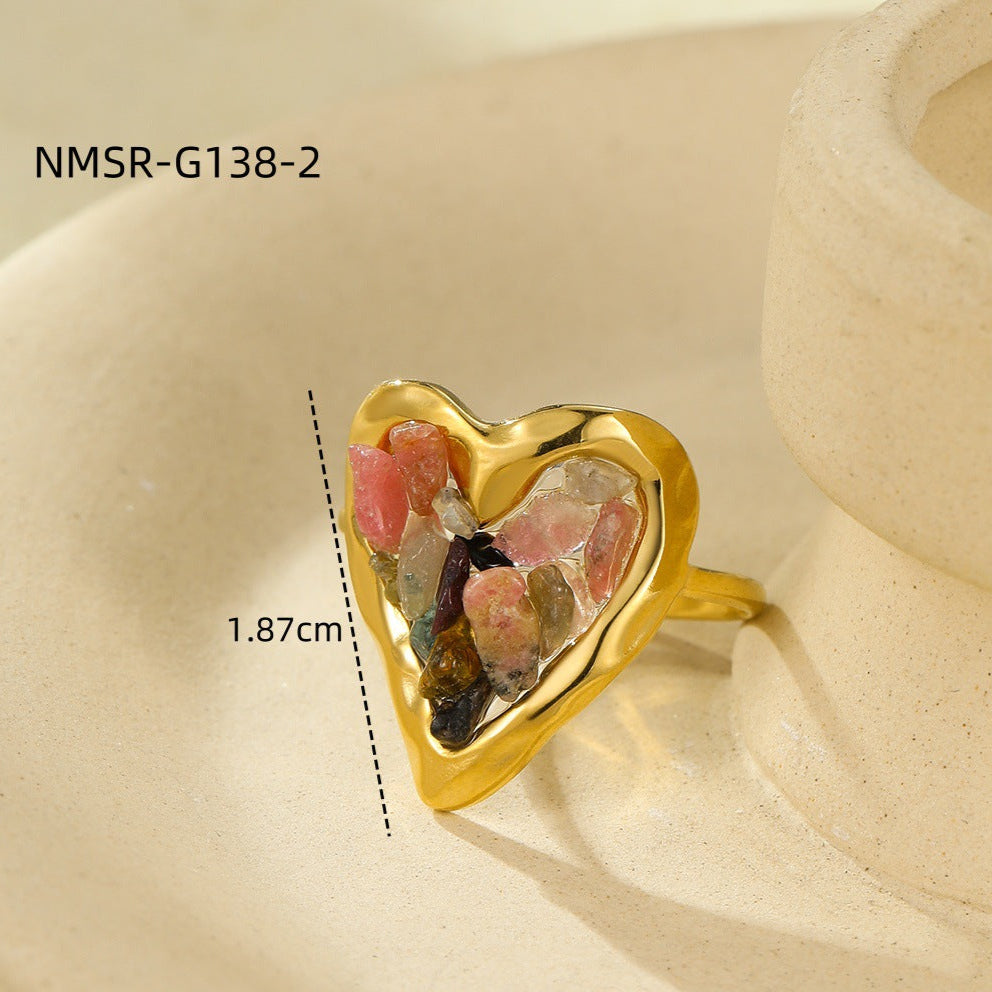 Wholesale  small stainless steel plated 18K gold love inlaid natural stone  ring