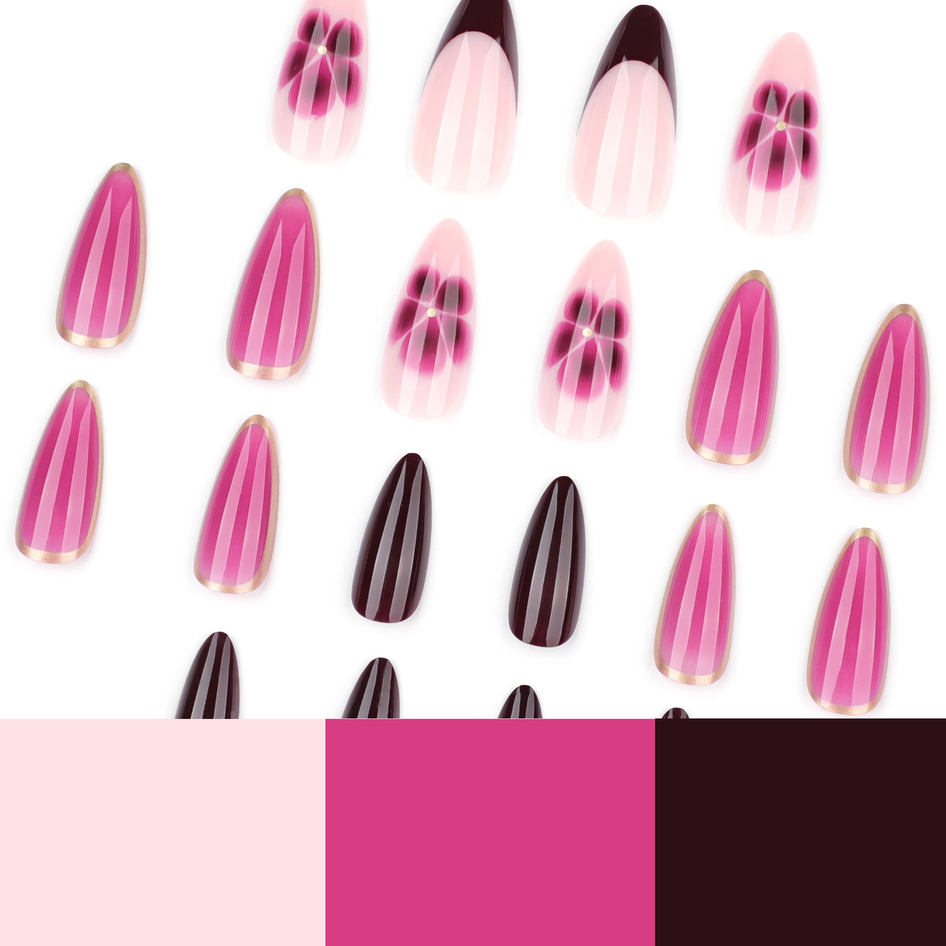 Wholesale 24 Pieces/box Red Rose Series Petals Flowers Nails Kits Nail Stickers