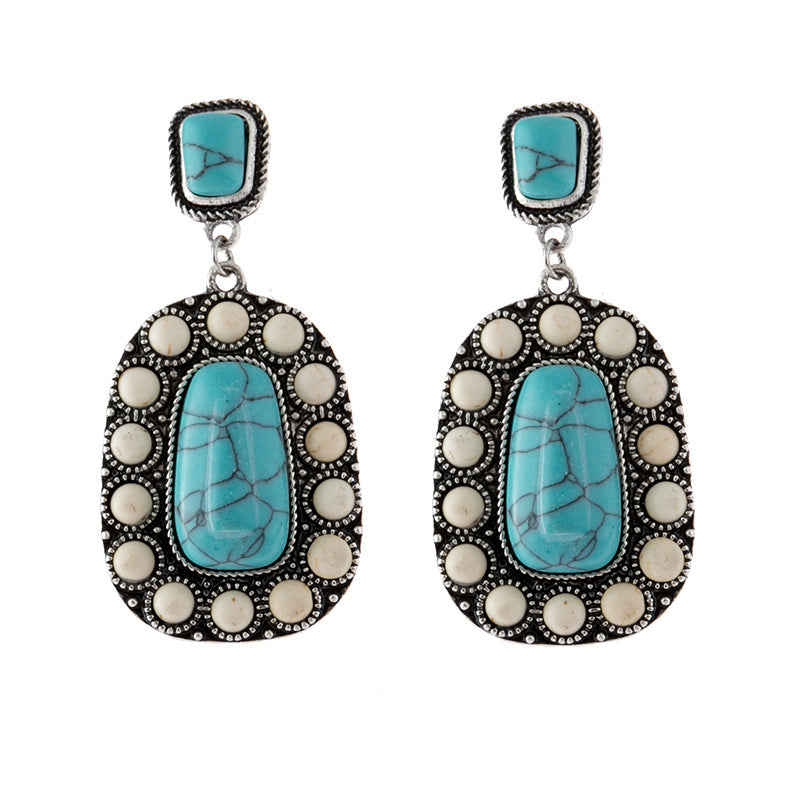 Wholesale Retro Turquoise Earrings Geometric Silver Tone Dangle Design Fashion Accessory for Party Gift