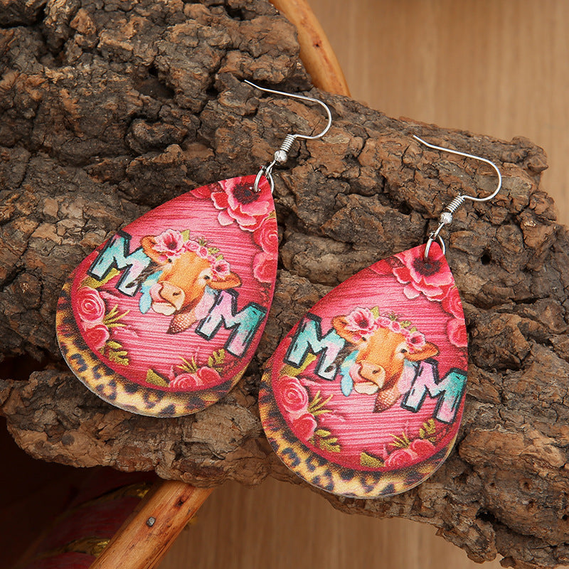 Wholesale Mother' s Day MOM Letter Teardrop Leather Rose Flower Leopard Print Earrings