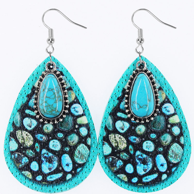 Wholesale Western Denim style Aztec wind drop-shaped leather earrings