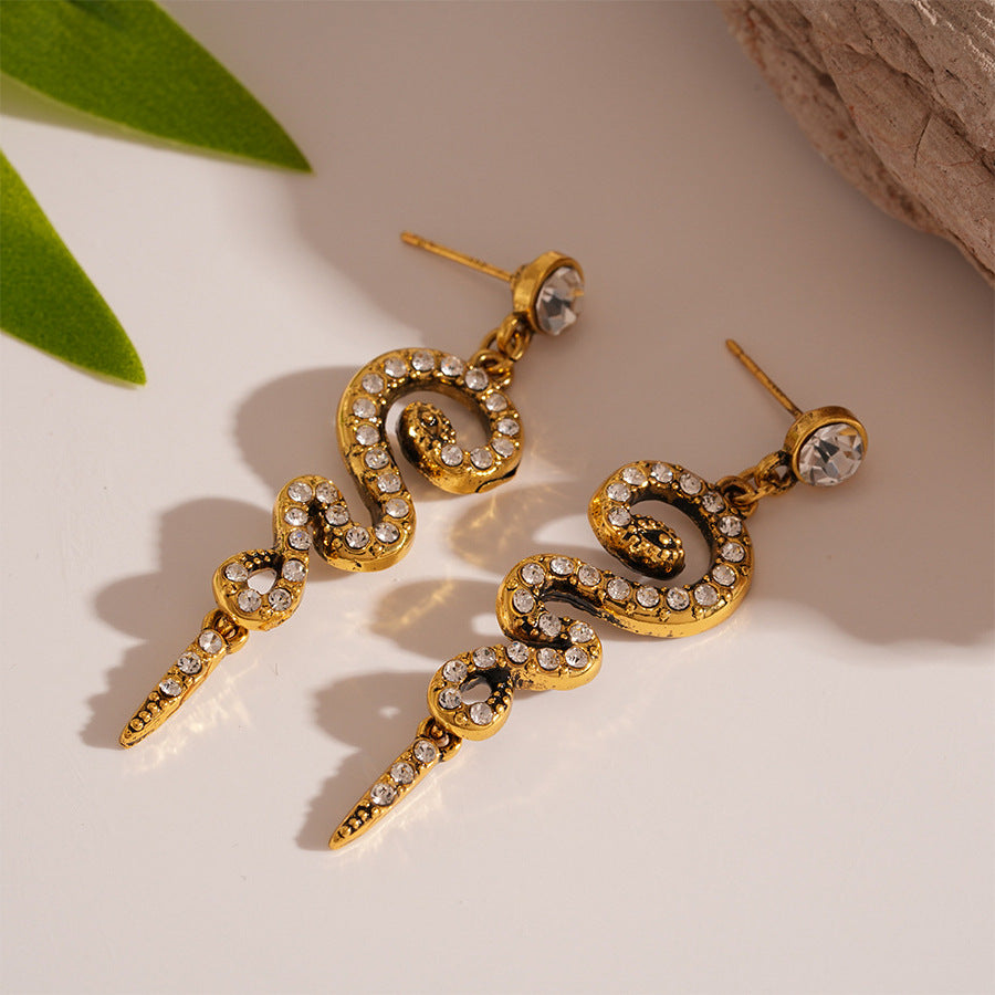 Wholesale Personality Exaggerated Oil Drop Diamond Small Snake Silver Earrings