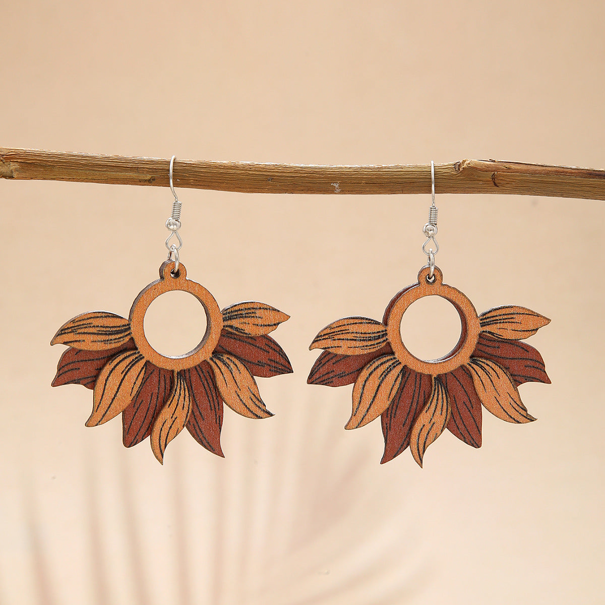 Wholesale  Boho Style Retro Sunflower Hollow Wooden Earrings