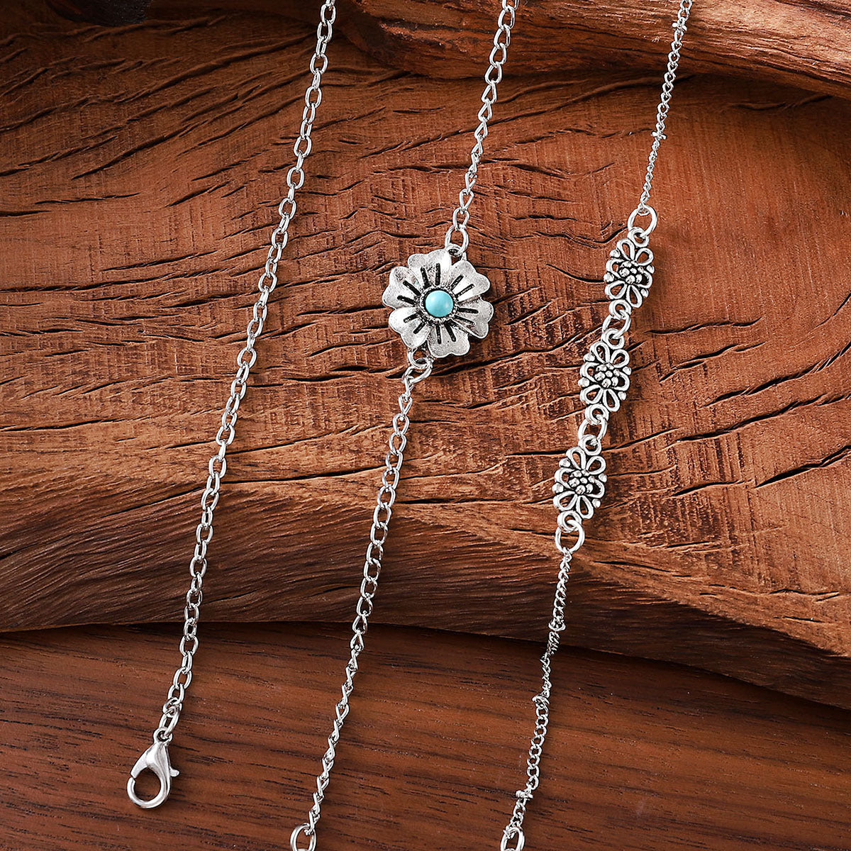 Wholesale 3-piece Stackable Zinc Alloy Electroplated Bohemian Style Turquoise Flower Openwork Bracelet Set