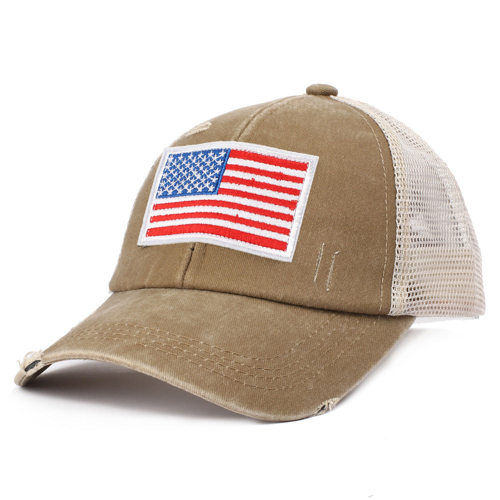 Wholesale Washed Ripped Mesh Cap Independence Day American Flag Embroidered Baseball Cap