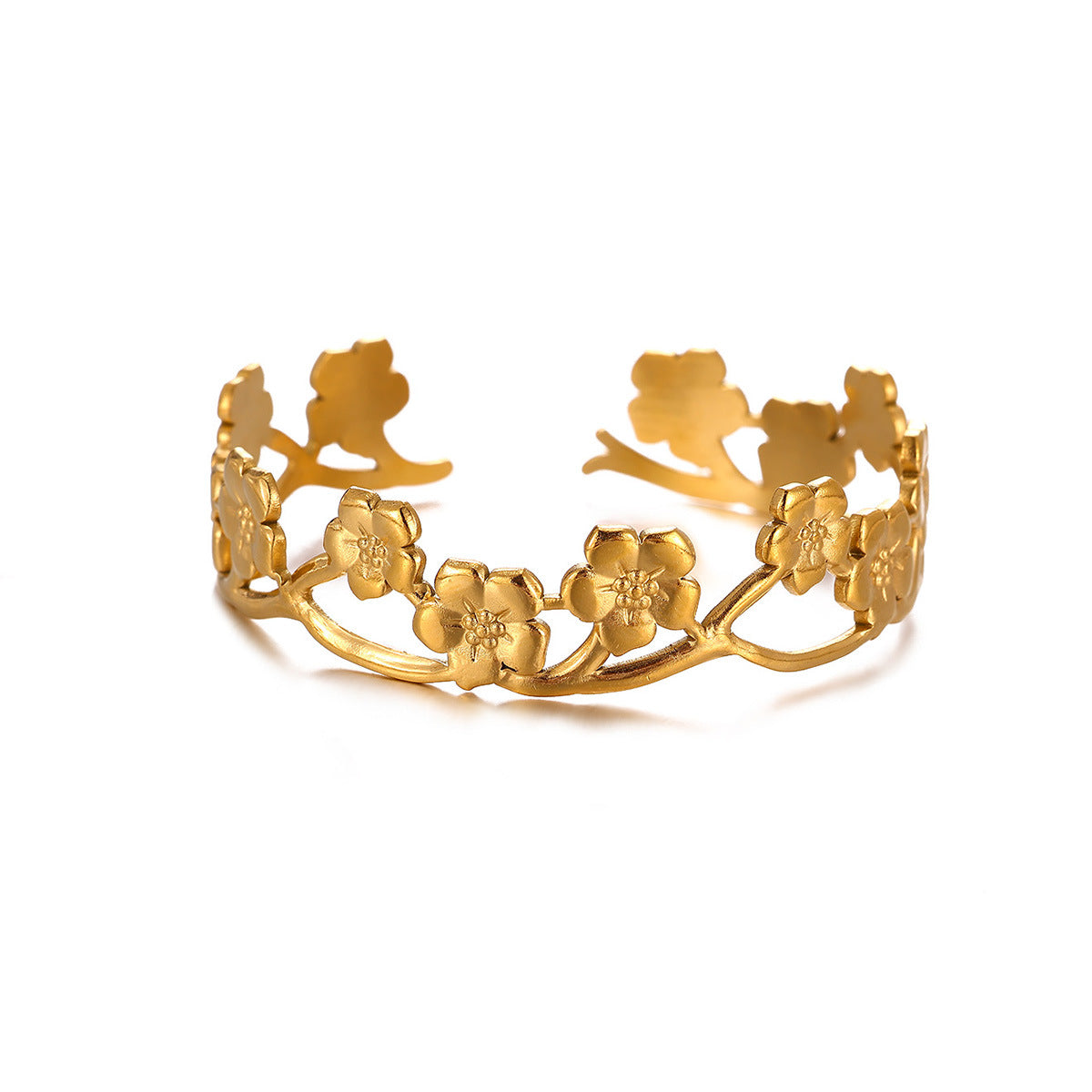 Wholesale Stainless Steel Electroplated Flower Open Cuff Bracelet - Trendy Boutique Resale Jewelry