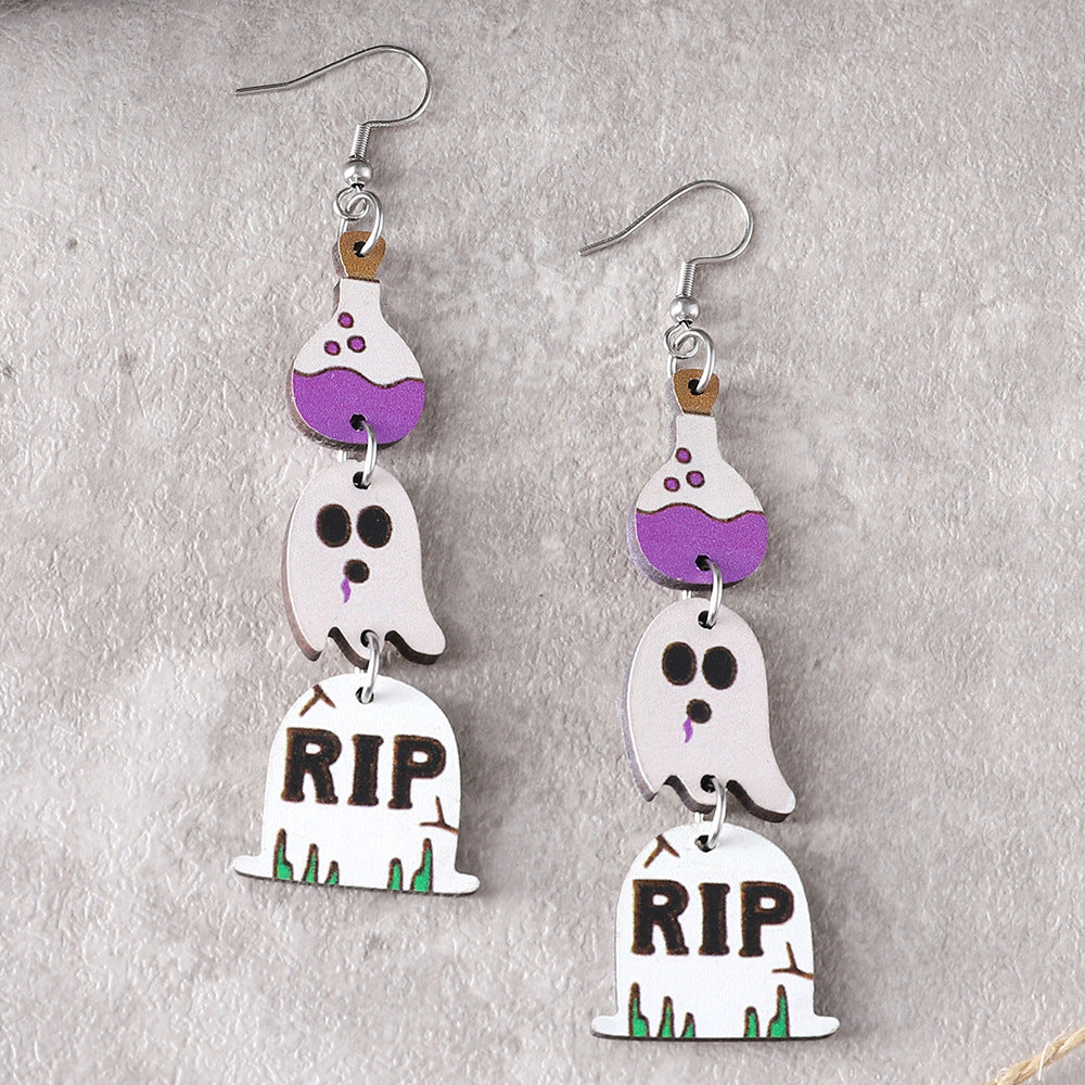 Wholesale Halloween Gothic Style Cute Ghost Tassel Triple Stitching Wooden Earrings ACC-ES-ChuLian059