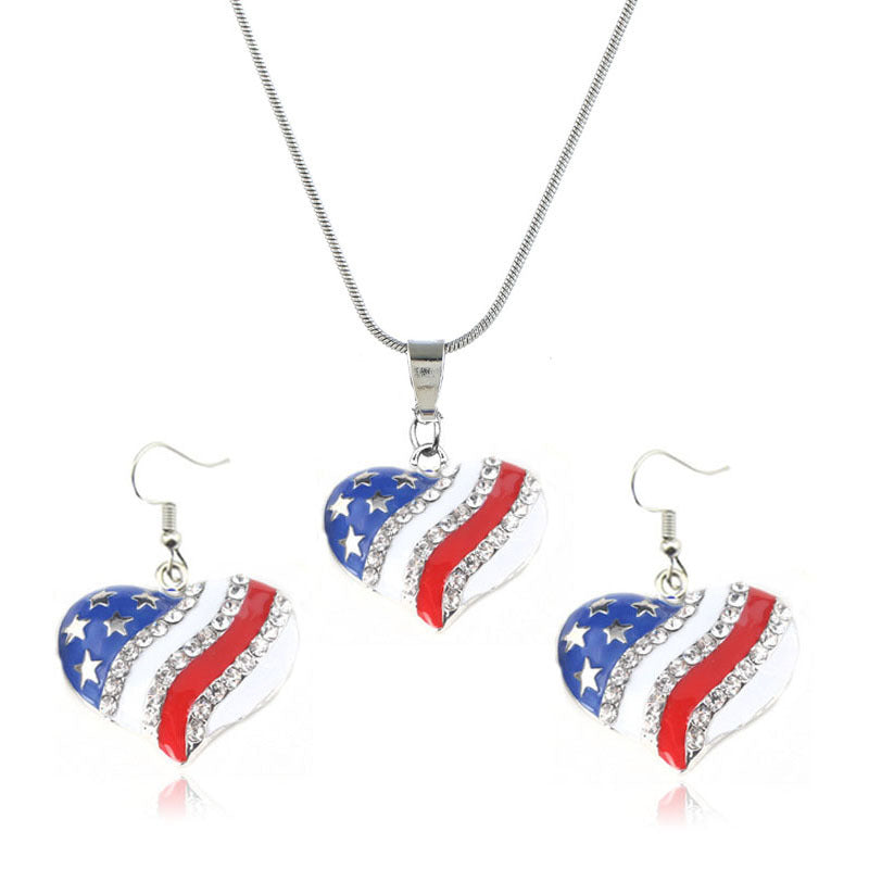 Wholesale American Independence Day Pentagram Heart Shape Metal Necklace and Earrings Set ACC-ES-YiYuan016