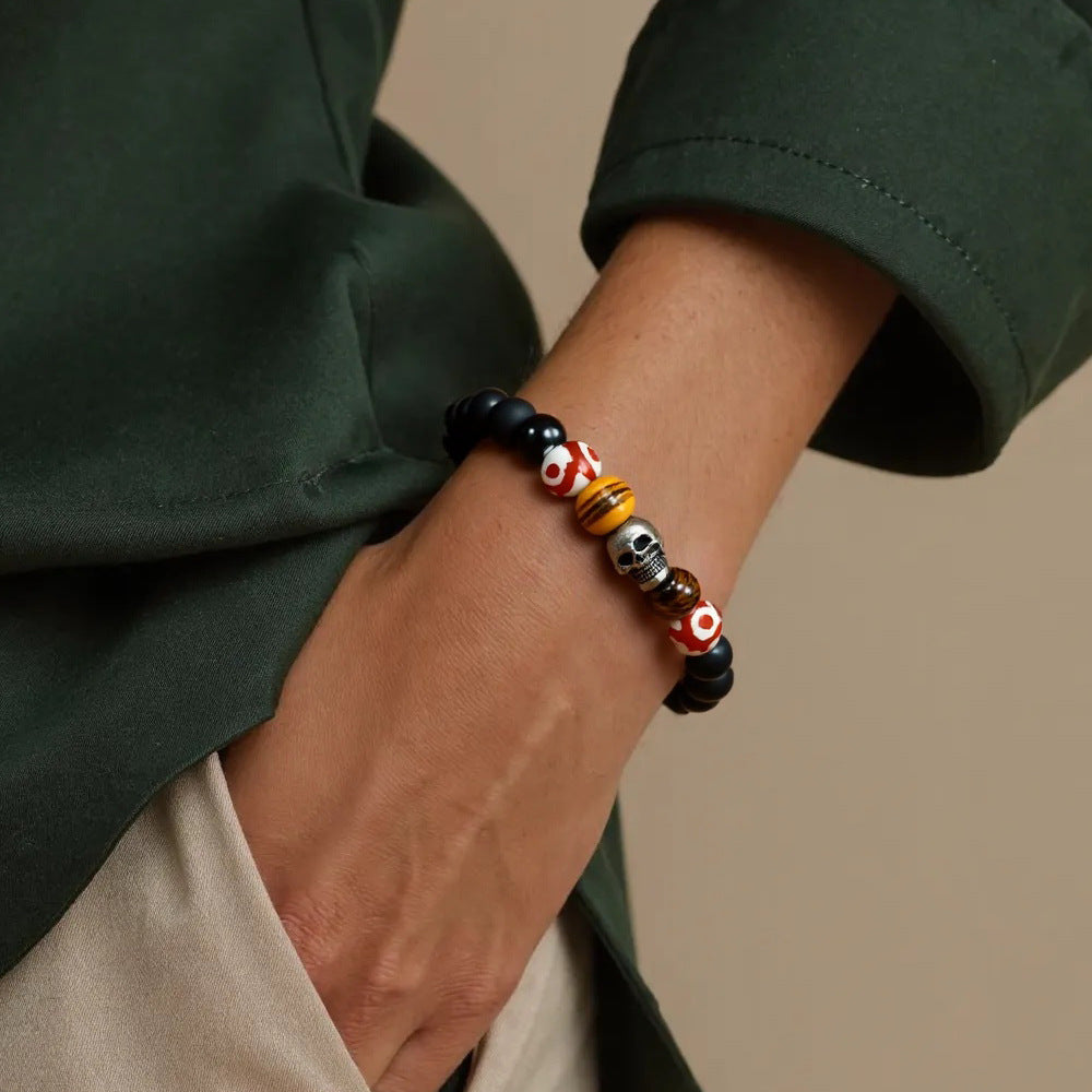 Wholesale Men' s semi-precious stone wolf head bracelet frosted black agate elastic bracelet