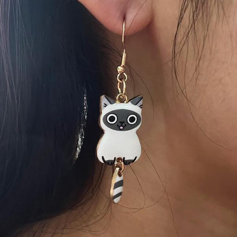 Wholesale  Cute Cat Two-body Earrings  Cartoon Girl Flower Cat Ear Hook