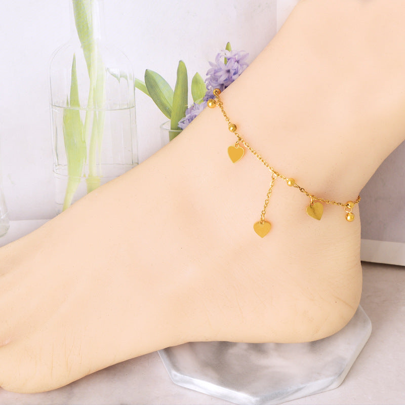 Wholesale bead love tassel anklet stainless steel plating 18k gold color heart-shaped anklet